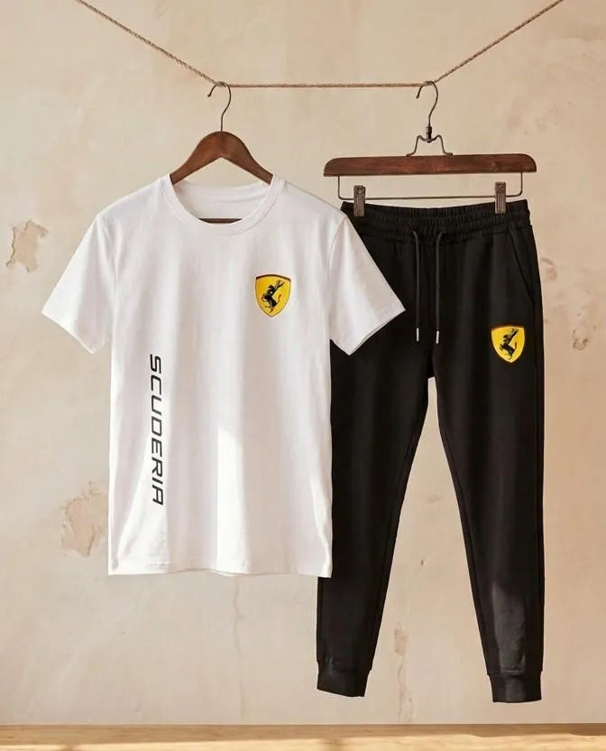 Men Ferrari Printed Dri Fit Track Suit White Black XL